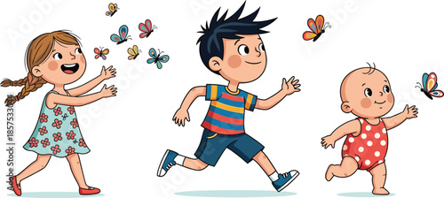 Children chasing butterflies outdoors, joyful cartoon scene with playful movement, nature elements, colorful insects, vector illustration for fun, learning, and happiness
