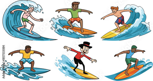 Cartoon surfers riding waves, playful beach scene with diverse characters, colorful surfboards, dynamic poses, vector illustration for summer, sport, and fun themes