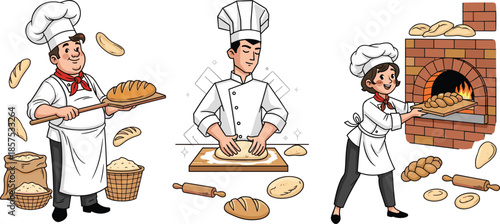 Cartoon bakers making bread, kneading dough, baking in oven, traditional tools and flour sacks, vector illustration for food, craft, and bakery themes