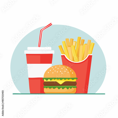 A colorful vector illustration of fast food icons including burgers fries pizza drinks and snacks for a menu or food set