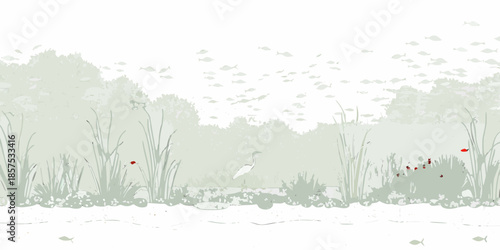 A serene landscape showing a bird in a wetland with trees and foliage