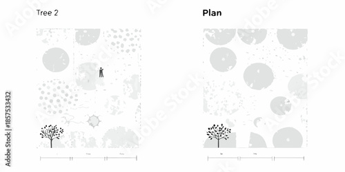Architectural plan depicting trees a person and a landscape arrangement