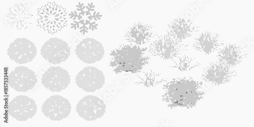 Diverse collection of grayscale snowflake and foliage patterns on a white background