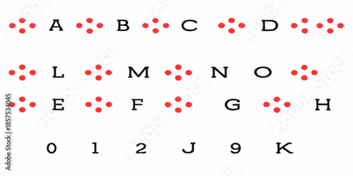 Foto Arrangement of letters and red dot patterns on a white background