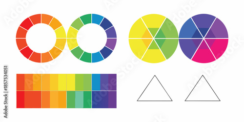 A colorful illustration depicting color wheels gradients and geometric shapes