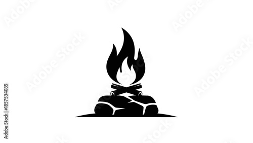 Simple Black and White Campfire Icon on White Background.