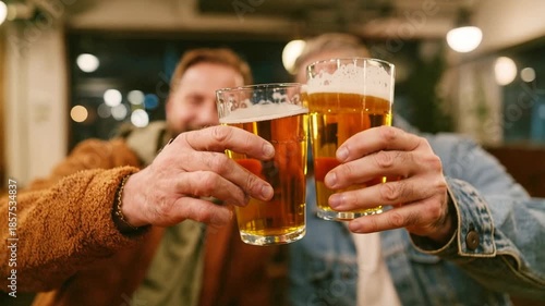 Happy friends clinking beer glasses at the bargenuine smiles, warm atmosphere and a sense of belonging that sells nightlife, hospitality and weekend celebration stories