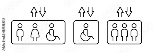 A set of pictographs for the elevator sign. Elevator for the disabled, passenger elevator