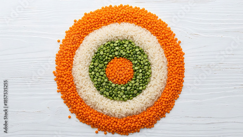 Colorful circular arrangement of lentils and rice on white wooden background