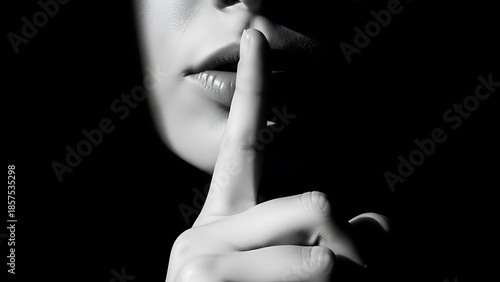 Close-up of woman making silence gesture in dramatic lighting