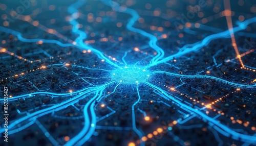 Abstract glowing blue network lines spread across dark city grid. Connected data paths and energy flow illuminate urban infrastructure. Digital transportation system concept.