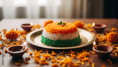Traditional Indian Tricolor Rice Dish with Decorative Elements