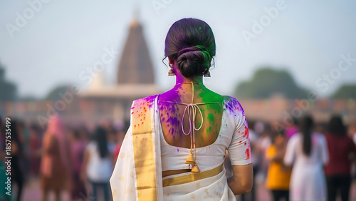 Woman Celebrating Holi Festival with Colorful Powder in Traditional Attire