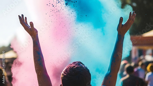 Colorful festival celebration with vibrant powder in the air