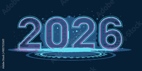 Futuristic 2026 neon sign with pink and blue glow on dark background