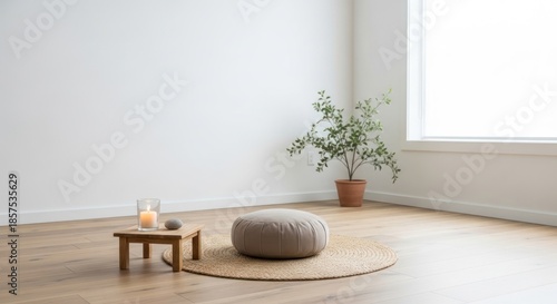 Calm room with meditation cushion, candle and plant.