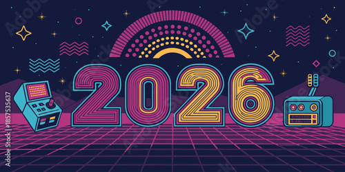 Nostalgic retro neon 2026 illustration, glowing lights, vibrant colors, clean flat vector style, modern minimal New Year background