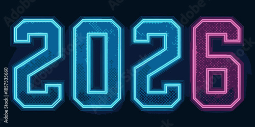 Holographic 2026 numbers with glowing edges, sci-fi tech style, clean flat vector look, futuristic colors, minimal New Year background
