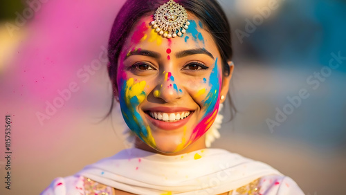 Smiling woman with colorful Holi powder on face celebrating festival