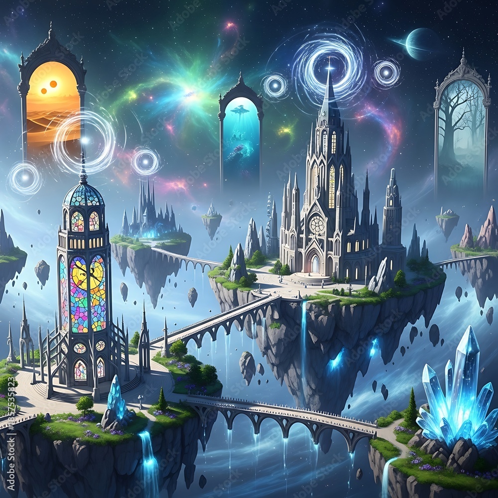 Obraz premium Celestial kingdom of floating castles and cosmic portals.