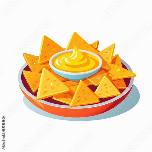 A colorful illustration of a Mexican sombrero with nachos on a plate, isolated on a white background as a delicious food icon