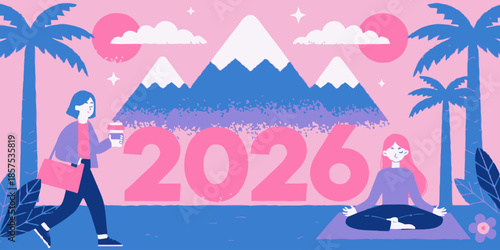 Futuristic illustration of woman meditating and another walking with coffee