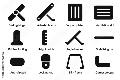 Locking pad tab laptop stopper height foldable icon support bracket slot vector