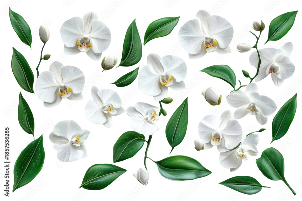 Obraz premium White orchid flowers with green leaves botanical illustration set isolated on Transparent Background