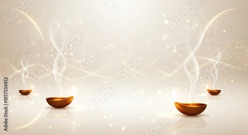 Illuminated oil lamps emit smoke and glow against a shimmering, ornate background.