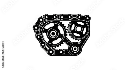 Detailed illustration of a mechanical timing chain system with gears.