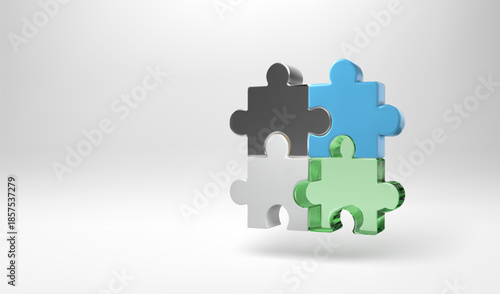 3D metal and glass puzzle piece, join parts to assemble jigsaw. Partnership icon, isometric perspective. Solve complex problems, collaboration concept. Gather technology details. Realistic render