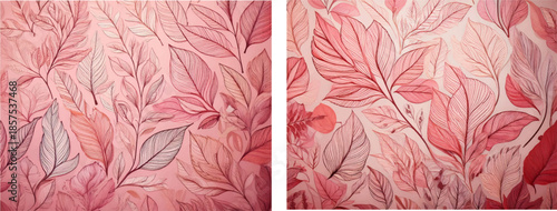 Pink delicate botanical line art pattern, minimal outline leaves, soft natural symmetry