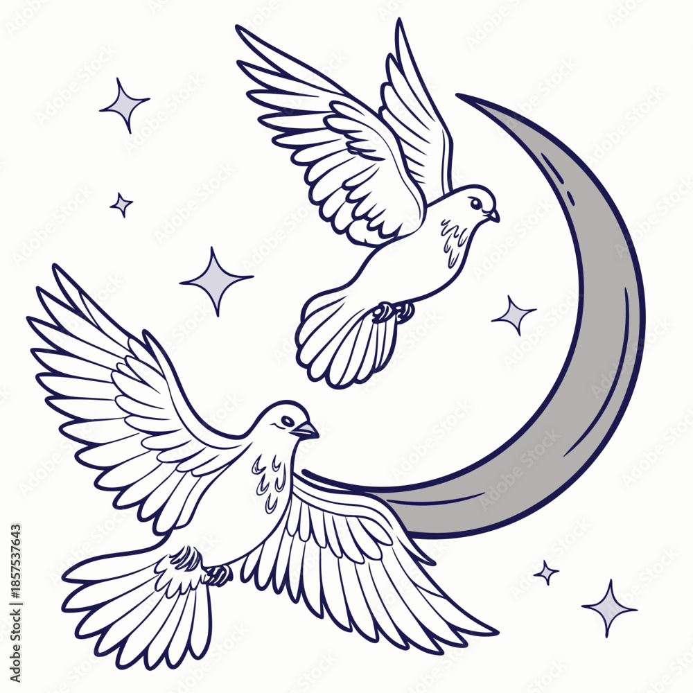 Obraz premium A serene illustration depicts two white doves in flight accompanied by a crescent moon and sparkling stars evoking peace and tranquility