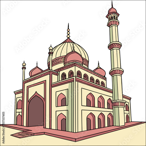 a colorful cartoon illustration depicts the taj mahal with its iconic domes minarets and arched entrances standing prominently against a pale