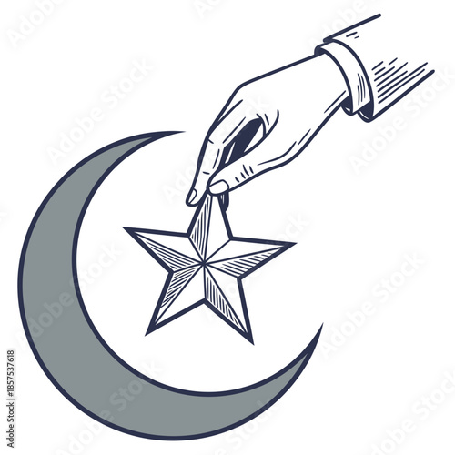 a delicate hand carefully placing a bright five pointed star within the embrace of a crescent moon illustration