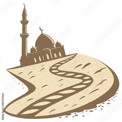 a stylized illustration features a mosque with a tall minaret and winding path in a desert landscape