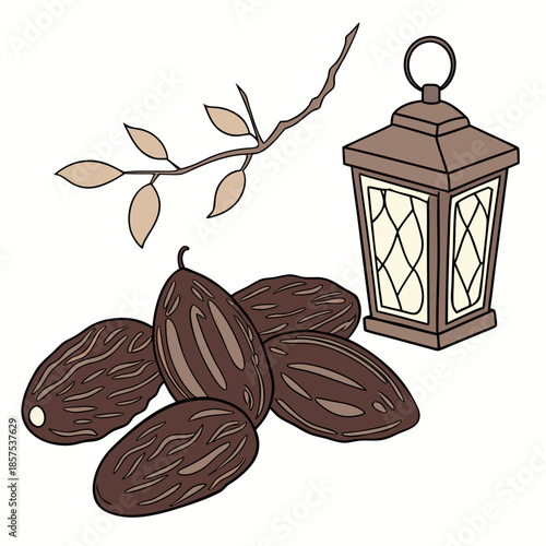 a charming illustration depicts a vintage lantern alongside ripe dates and a delicate sprig of leaves showcasing autumnal tones