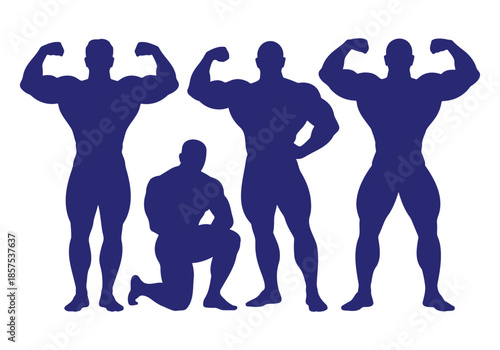 Dynamic display of strong male bodybuilder silhouettes in various poses showcasing muscle