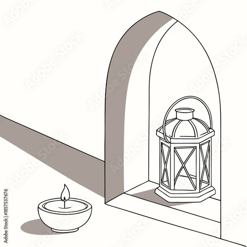An illustration depicts a niche within a wall showcasing a decorative lantern and a small lit candle creating a serene ambiance