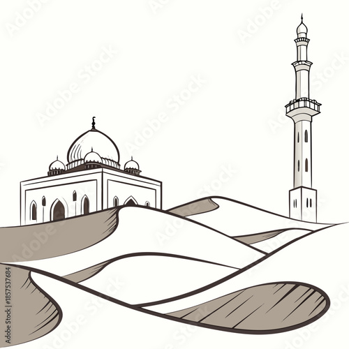an illustration depicting a serene desert landscape featuring a traditional mosque with a minaret and rolling sand dunes