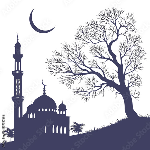 a serene depiction of an islamic mosque silhouette alongside a bare tree and crescent moon against a dark background