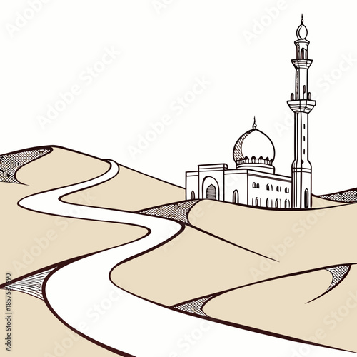 a scenic illustration depicts a winding river leading toward a traditional mosque nestled among rolling sand dunes