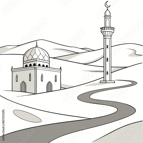 a simple line drawing depicts a mosque with a prominent minaret and a winding path leading towards it set against rolling