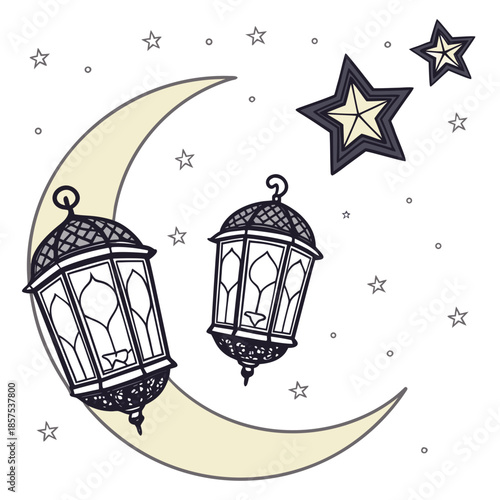 a crescent moon with hanging lanterns and twinkling stars creates a peaceful and serene nighttime islamic aesthetic illustration