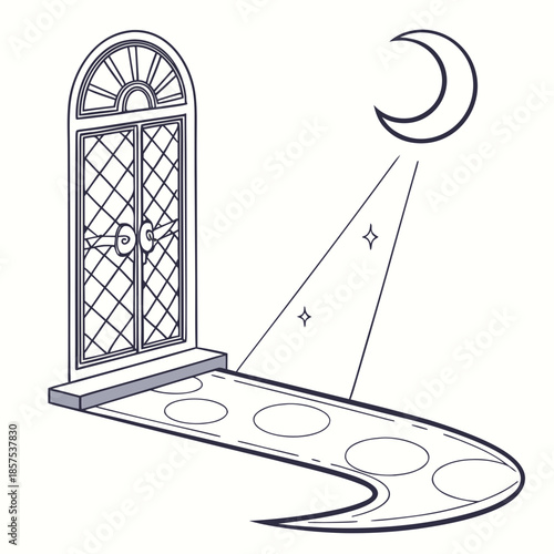 an ornate arched window opens onto a moonlit scene with a pathway evoking mystery and quiet contemplation