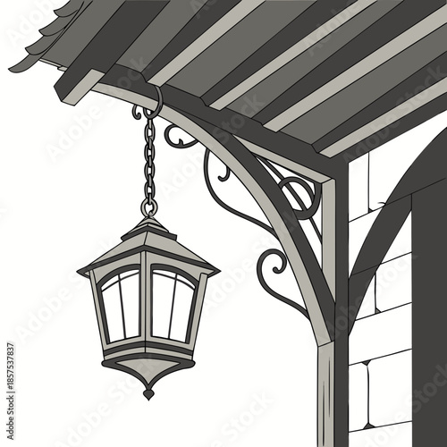 an illustrated depiction of an ornate antique lantern hanging from a detailed porch or awning structure showcasing vintage charm