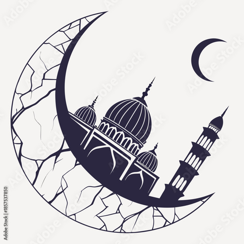 an elegant illustration showcasing a crescent moon cradling a detailed mosque silhouette with a smaller moon nearby all in monochrome