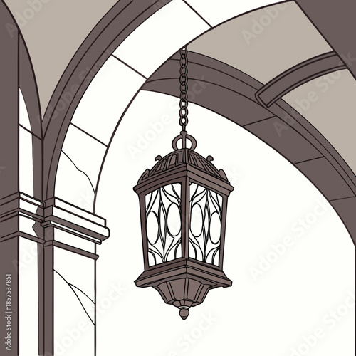 An elegantly sketched vintage lantern hangs suspended from a chain within an arched architectural space showcasing refined detail