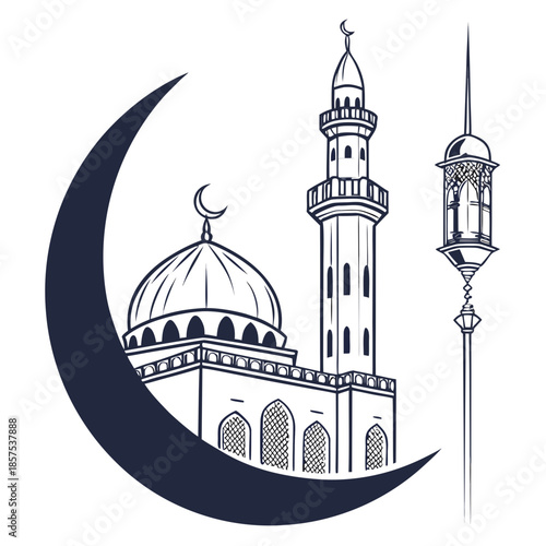 An elegant monochrome illustration showcases a crescent moon embracing a traditional mosque with a minaret and ornate lantern