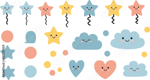 Cute cartoon balloon and shape collection with smiling stars, clouds, hearts, and circles in pastel vector artwork